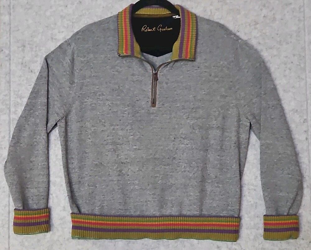 Robert Graham Sweater XL Gray 1/4‑Zip Multicolor Flip Cuff Waist Preppy Dopamine